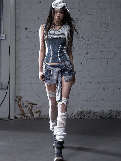 Y2K Blue Low Waist Distressed Holes Punk Bodycon Shorts with Detachable Sleeves