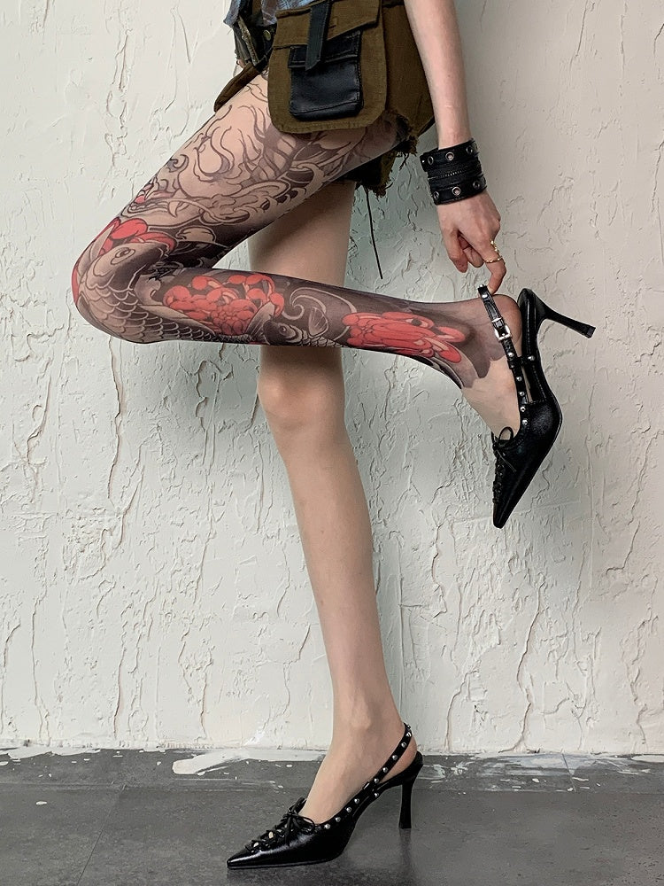 Nude Gyaru Fashion Asymmetrical Design Fish Tattoo Print Tights