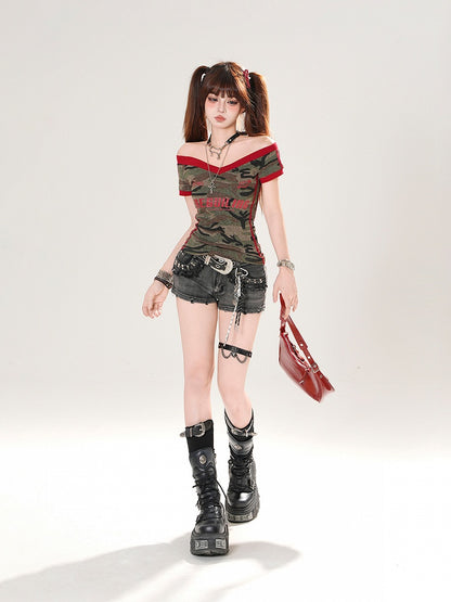 Black Low Rise Stud Details Distressed Denim Shorts with Buckle Belt