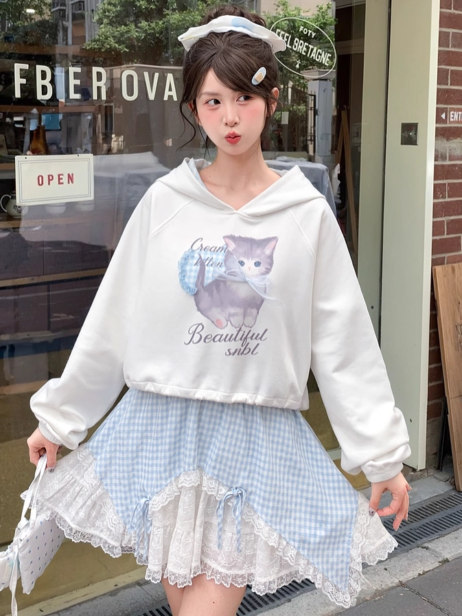 Adorable Cartoon Kitty Print Drawstring Hem Blue Plaid Hood White Hoodie