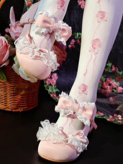 Pink Bowknot Details Lace Trim Round Toe Lolita Shoes