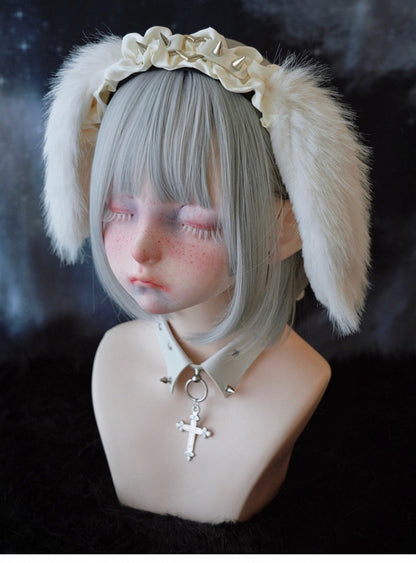 White Handmade Studs Detail Plush Bunny Ear Ruffled KC