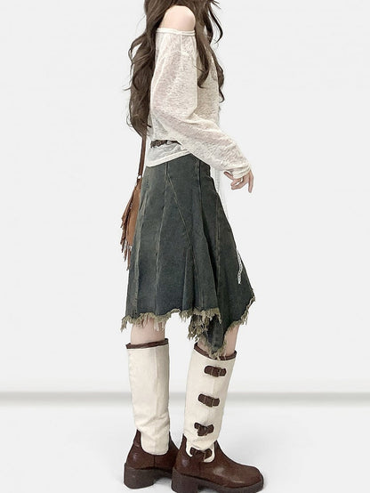 Blue Asymmetrical Hem Raw Hem Skirt