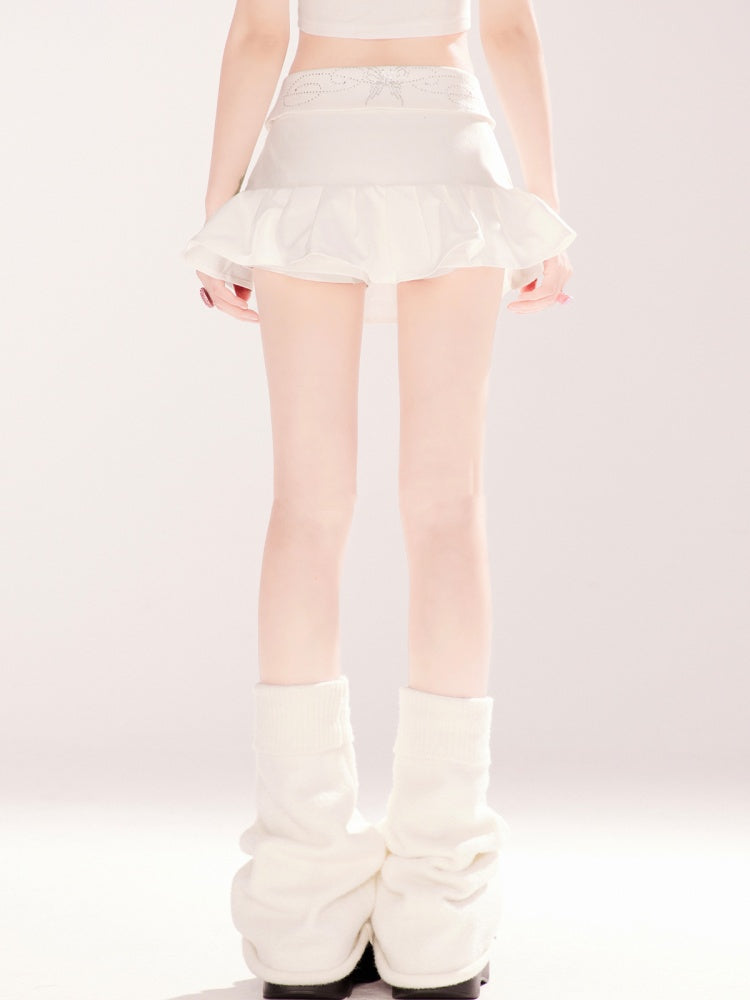 Rhinestones Embellished Foldover Waist White Mini Skirt