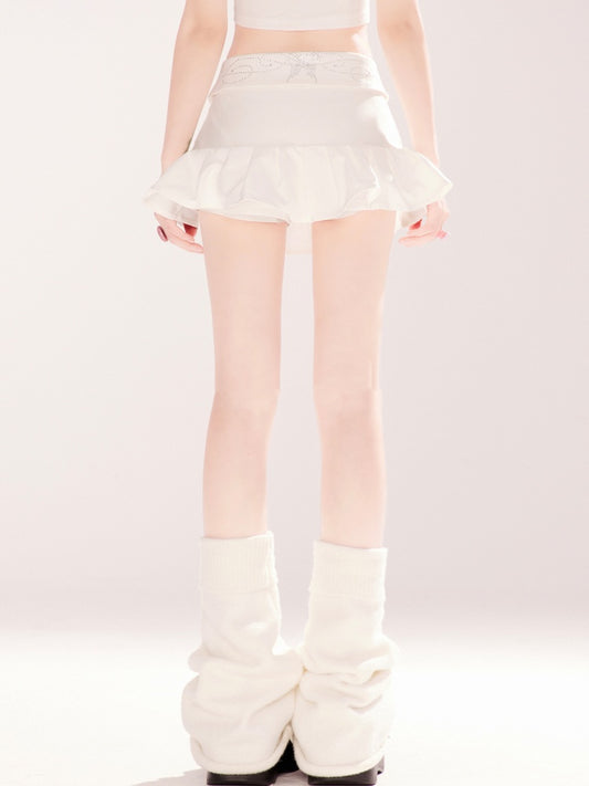 Rhinestones Embellished Foldover Waist White Mini Skirt