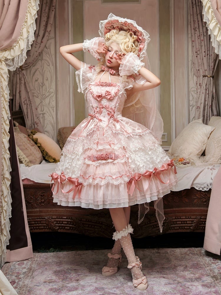 Pink Hanayome Lolita Hime Dress with Corset Waist and Rose Bow Accents Short Version