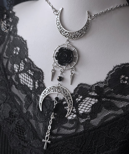 Gothic Moons and Rosette Punk Necklace Silver and Black