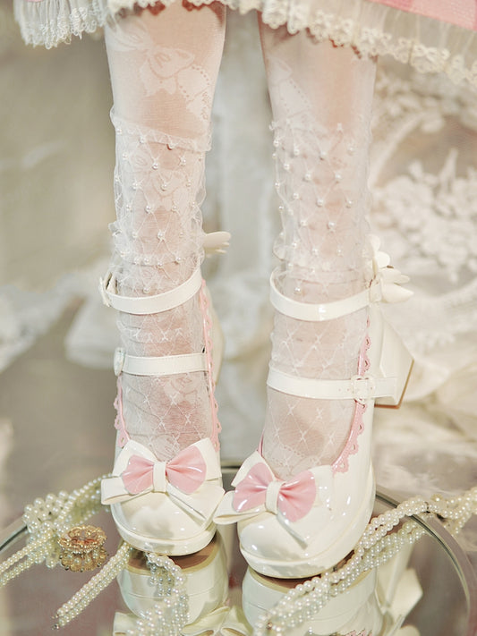 Bow Accents White and Pink Sweet Lolita High Heels Heart-shaped Buckles