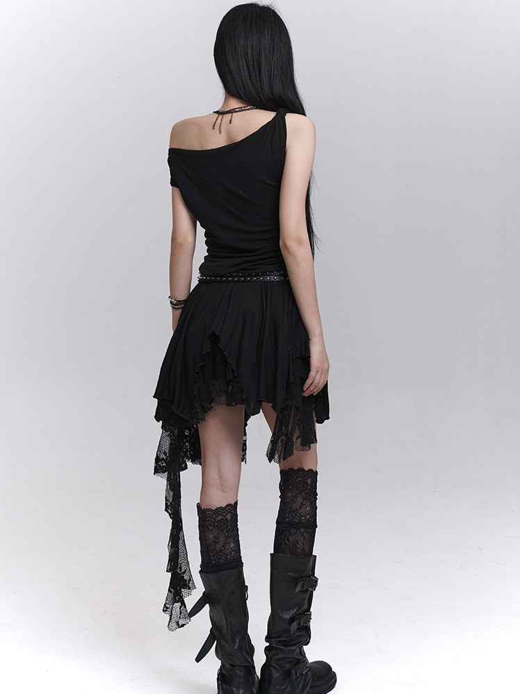 Black Lace Patchwork Cascading Ruffles Skirt