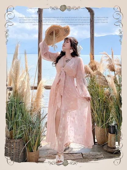 Plus Size Self-tie Bowknot Front Pink Peach Blossom Print Holiday Dress