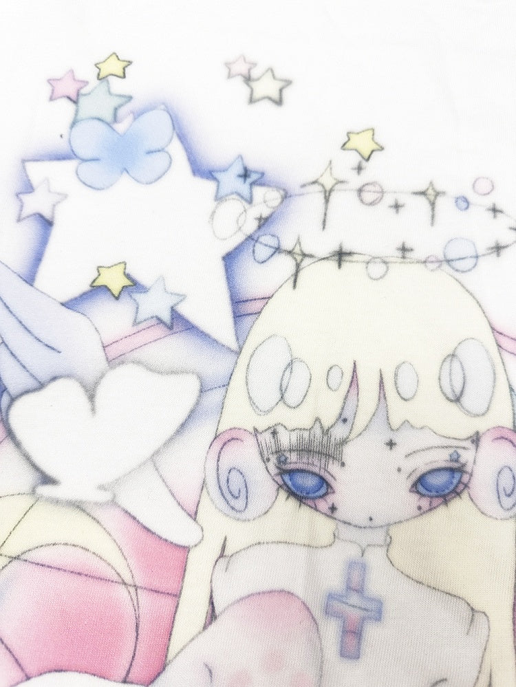 Anime Girl Print White Round Neck Loose Cotton T-shirt