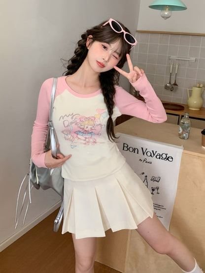 Cartoon Girl Print Apricot and Pink Colorblock Design Slim-fitting Top
