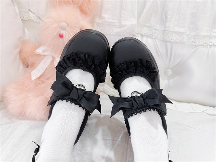 Black Lace Trim Bowknot Velcro Strap Closures Jirai Kei Platforms
