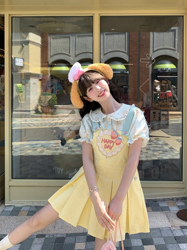 Sweet Strawberry Embroidery Yellow Box Pleat Overall Dress