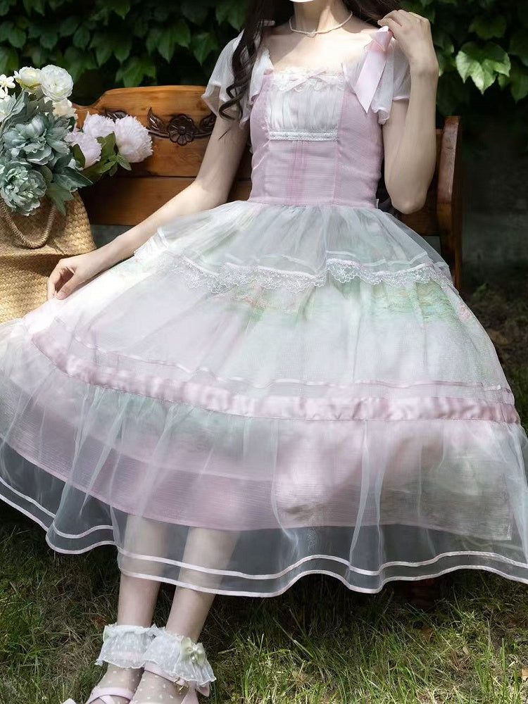 Oil Painting Water Lily Print Light Pink Square Neckline and Flutter Sleeves One Piece