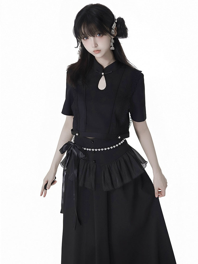Black Cheongsam Collar Bead Details Short Sleeves Top