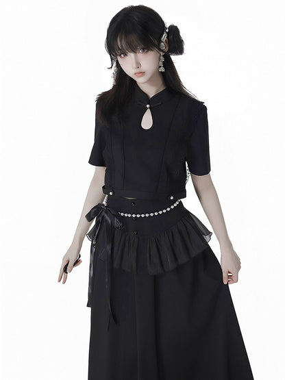 Black Cheongsam Collar Bead Details Short Sleeves Top