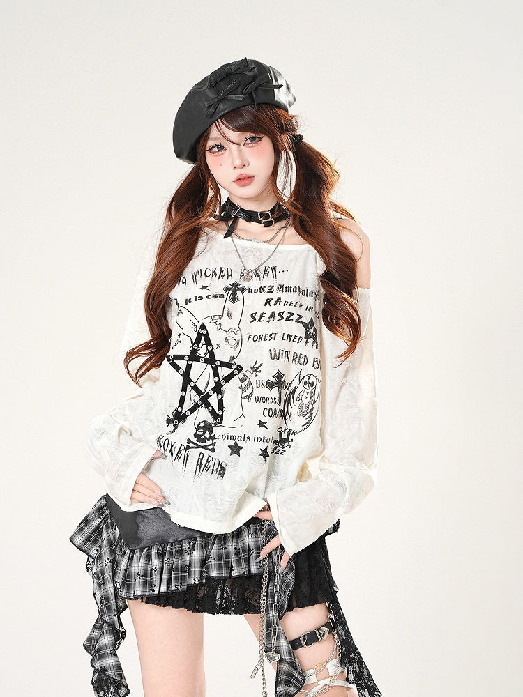 Asymmetrical Neckline Distressed Holes Black/White Graphic Coverup