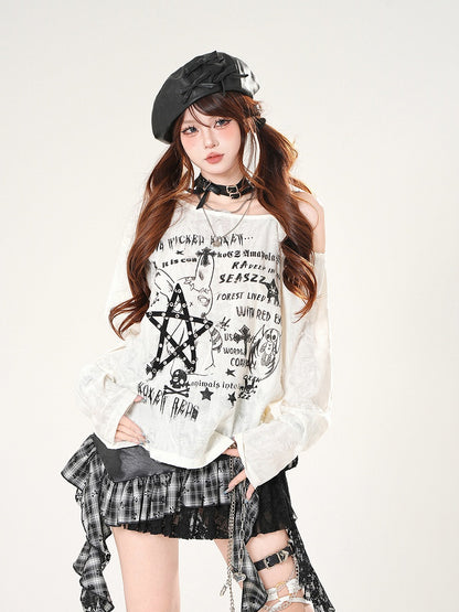 Asymmetrical Neckline Distressed Holes Black/White Graphic Coverup