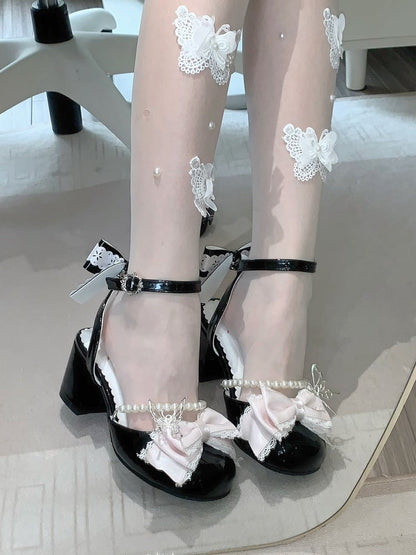 Pink Bow at Top Black Sweet Lolita Mary Jane Shoes with Detachable Bead Chain