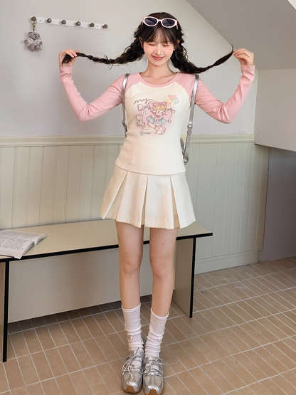 Apricot Preppy Style High Waist Box Pleat Skirt