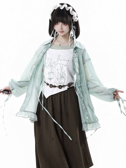 Mint Green Self-tie Bowknots Placket Drawstring Cuffs Ruffled Trim Shirt