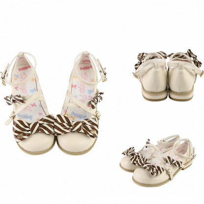 Beige&Brown Striped Pattern Bow at Top Crisscross Design Heart Buckles Lolita Shoes