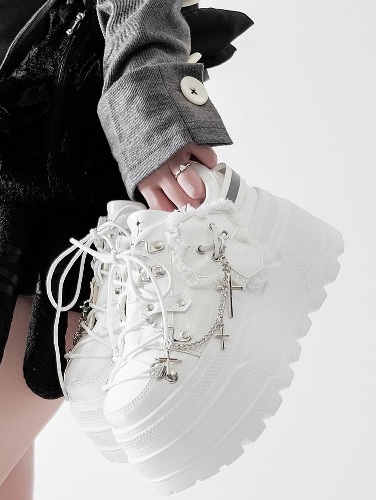 White Punk Front Lace-up Ties Design Platform Shoes With Detachable Cross Charm Chain