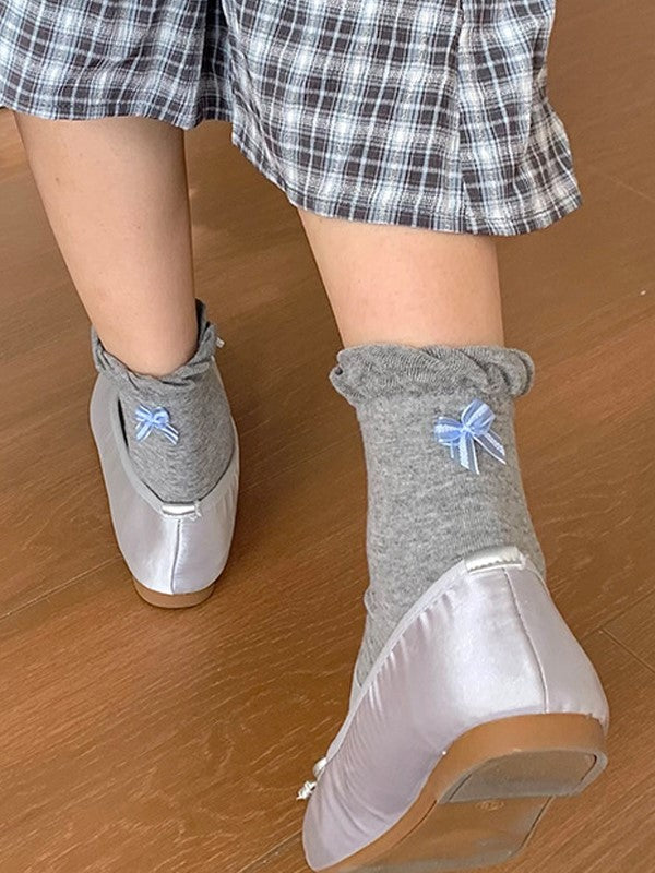 Pink/Blue/Black/White/Yellow/Gray Bowknot Details Ruffled Cuff Calf Socks
