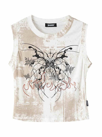 Y2K White Butterfly Print Slim Fit Tank Top