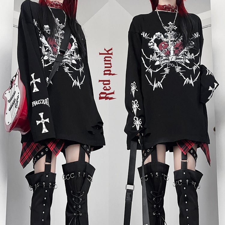 Black Emo Punk Cross And Letter Print Long Sleeves Top