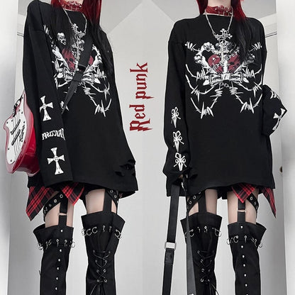 Black Emo Punk Cross And Letter Print Long Sleeves Top