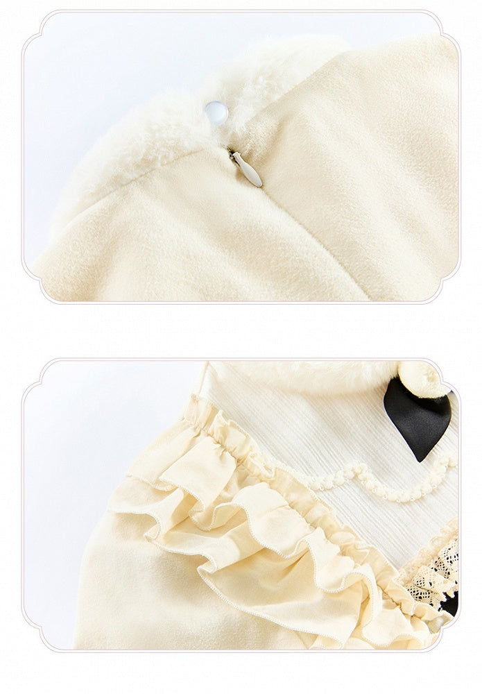 Beige Floral Embroidery Bodice Long Sleeves Lolita Dress Plush Neckline and Cuffs
