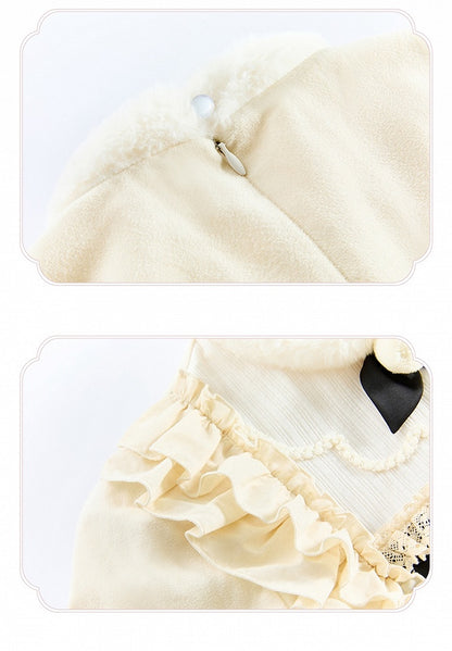 Beige Floral Embroidery Bodice Long Sleeves Lolita Dress Plush Neckline and Cuffs