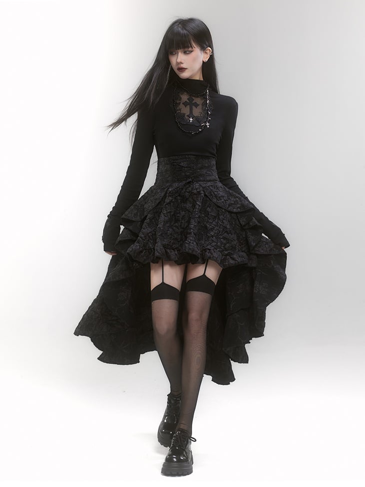 Gothic Black High Neck Cross Applique Cutout Detail Top