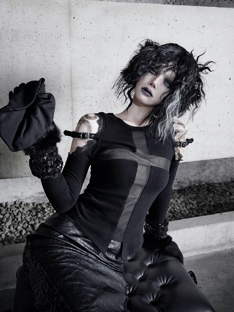 Black Open Shoulders Semi-sheer Cross Shaped Mesh Panels Goth Long Sleeve Top