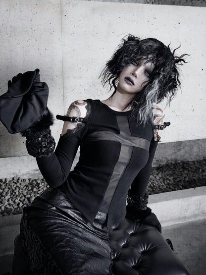 Black Open Shoulders Semi-sheer Cross Shaped Mesh Panels Goth Long Sleeve Top