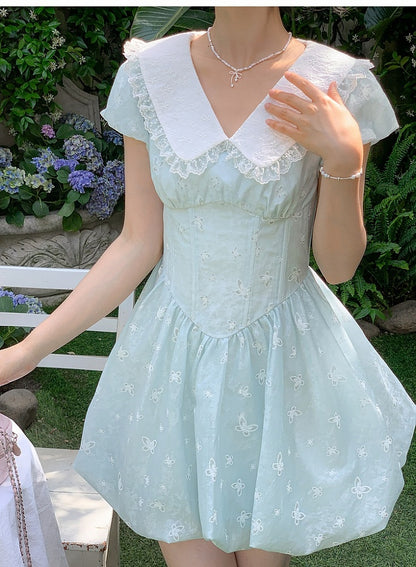 Blue Peter Pan Collar Basque Waist Allover Butterfly Embroidery Dress Bubble Skirt