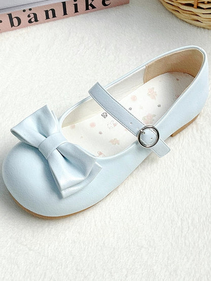 Round Toe Sweet Lolita Light Blue Low-heel Shoes with Circular Buckle & Delicate Bow