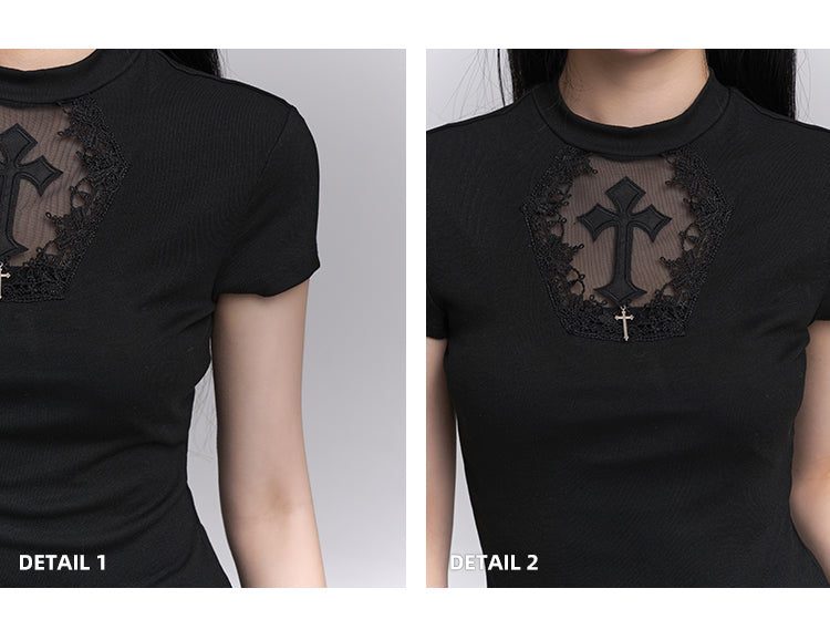 Black Coffin-shaped Cutout Cross Applique T-Shirt