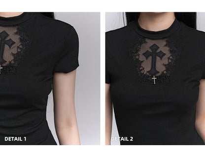 Black Coffin-shaped Cutout Cross Applique T-Shirt