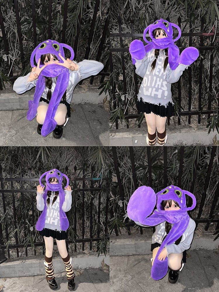 Purple Octopus Gothic Winter Plush Hat with Scarf Gloves