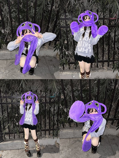 Purple Octopus Gothic Winter Plush Hat with Scarf Gloves