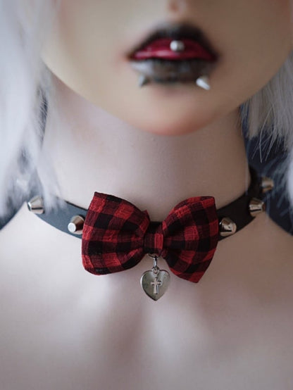Black And Red Plaid Pattern Bowknot With Heart Pendant Choker