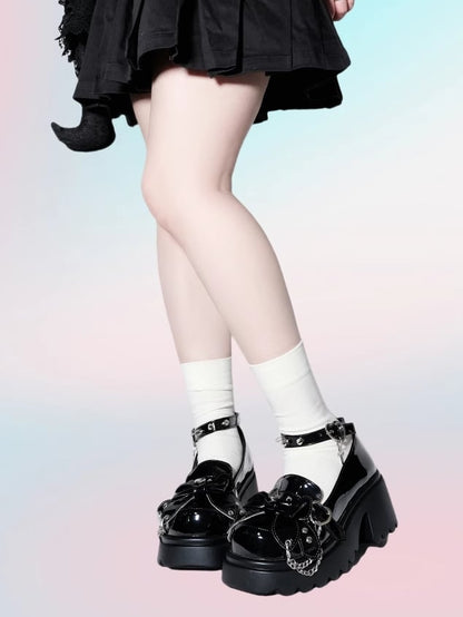 Black Punk Bowknot Decorated Butterfly Heart Buckles Studs Details Platforms