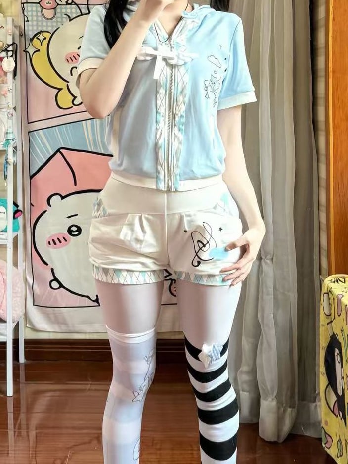 Light Blue Tenshi Kaiwai Cat Print Diamond Pattern Bear Ear Hoodie T-shirt