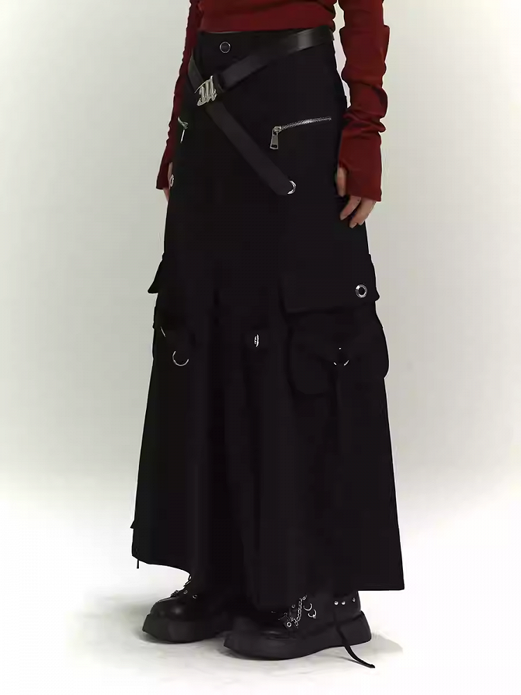 Black Zipper and Ring Detail Cargo Pockets Loose Skirt