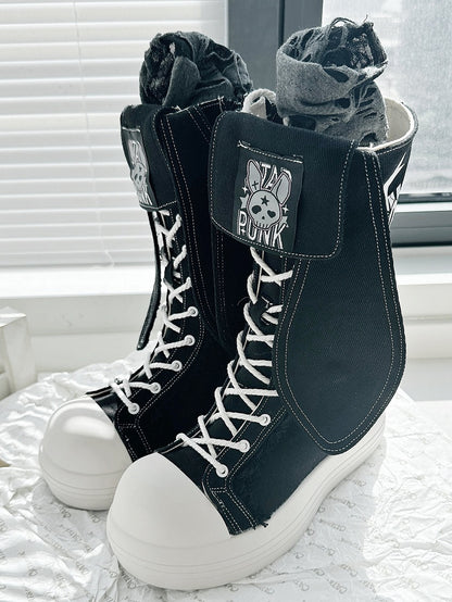 Punk Black Mid-Calf Boots - Bunny Ear Accents with Letter And Rabbit Print, Lace-Up & Inner Zip