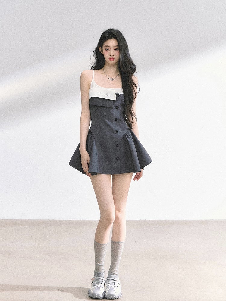 Gray Foldover Collar Spaghetti Strap Dress Faux Two-pieces