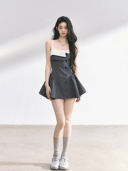 Gray Foldover Collar Spaghetti Strap Dress Faux Two-pieces